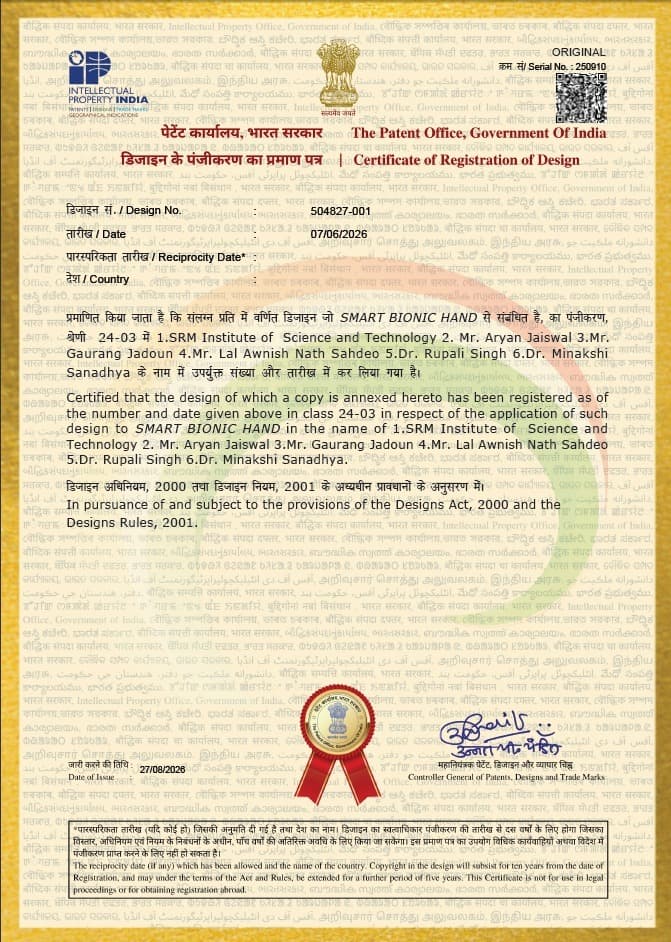 Official Certificate of Registration of Design No. 504827-001 — SMART BIONIC HAND